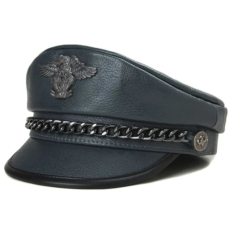 LWY Blue Genuine Leather Military Sailor Cap