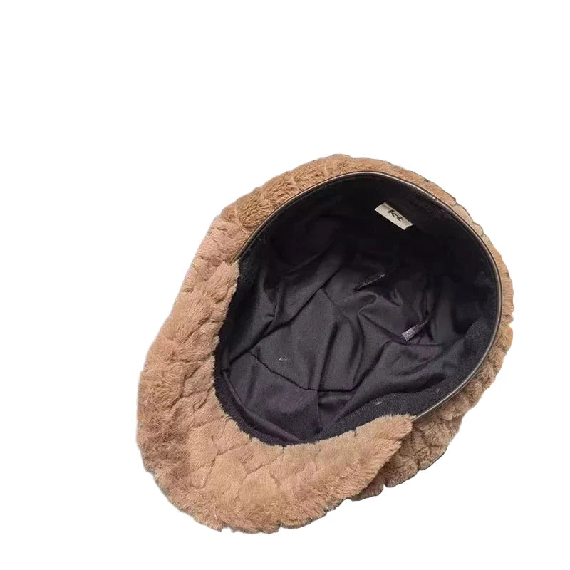 Laurent Women Plush Leather 6-Panels Newsboy Cap