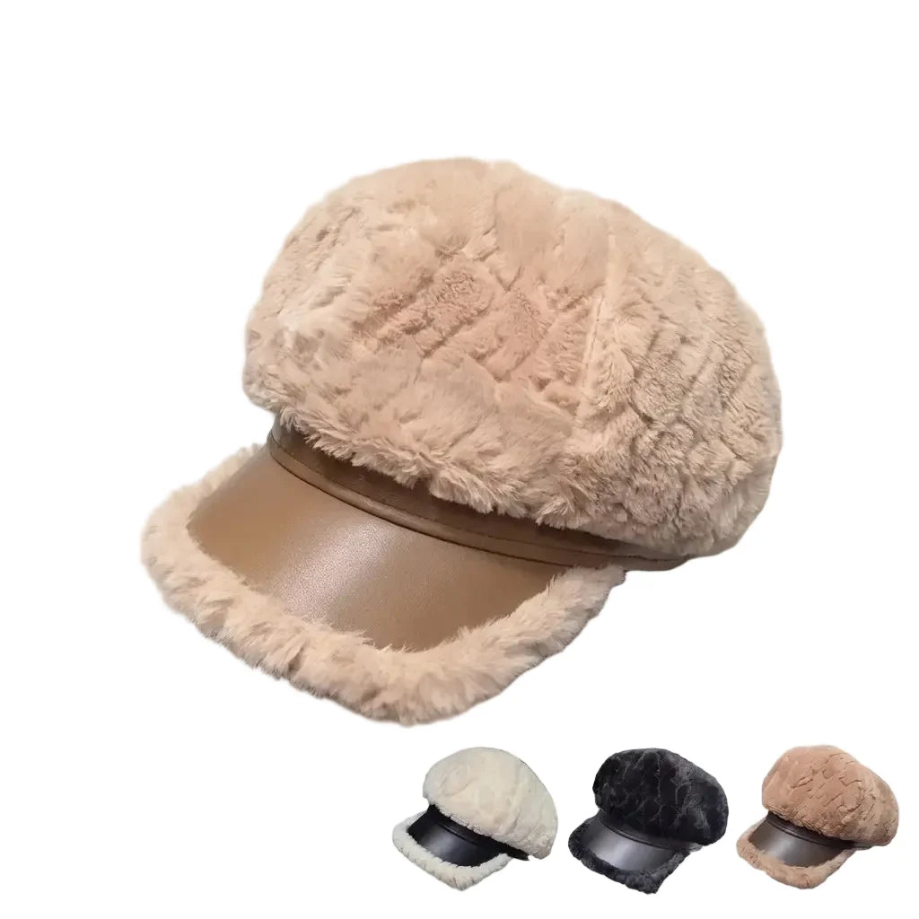 Laurent Women Plush Leather 6-Panels Newsboy Cap