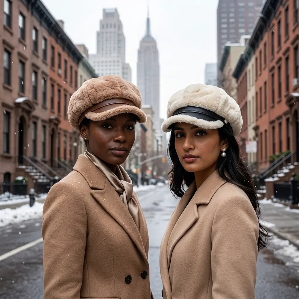 Laurent Women Plush Leather 6-Panels Newsboy Cap