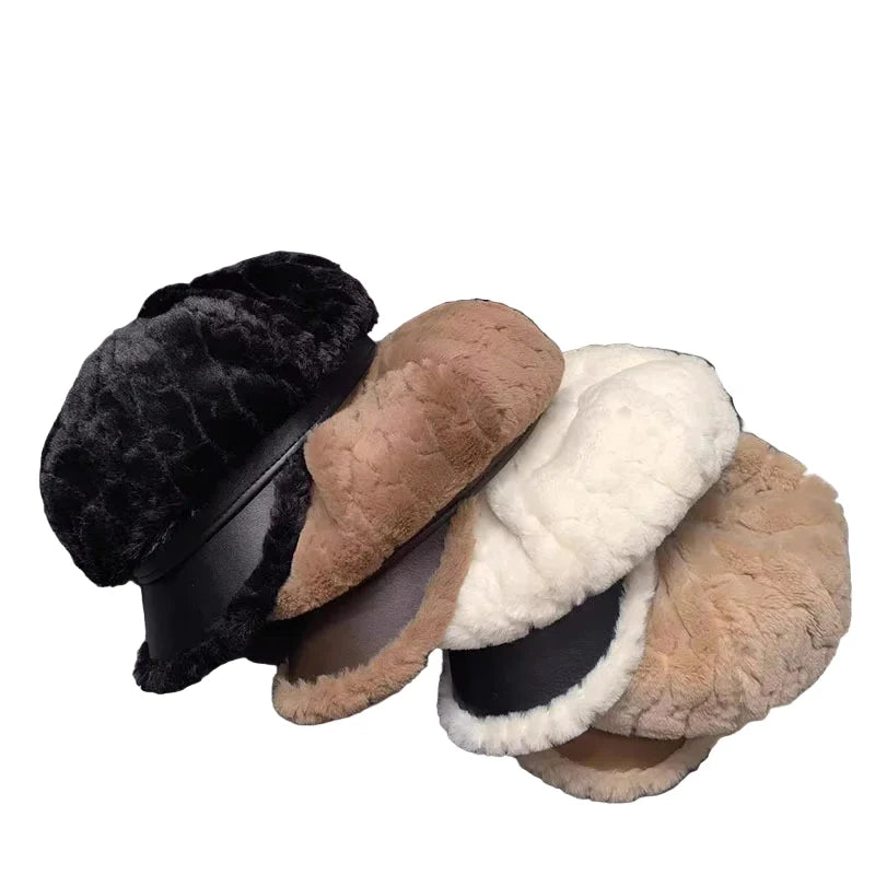 Laurent Women Plush Leather 6-Panels Newsboy Cap