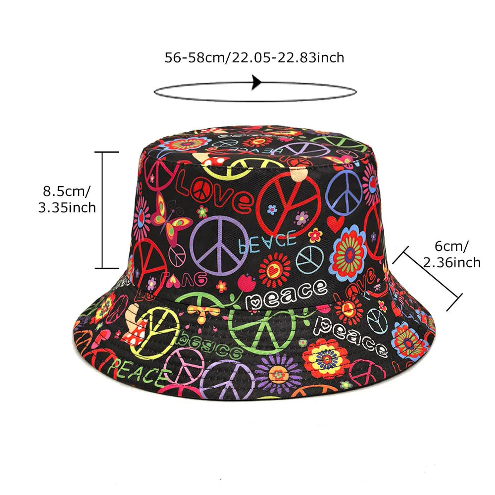 Love & Peace Hippie Black Reversible Bucket Hat