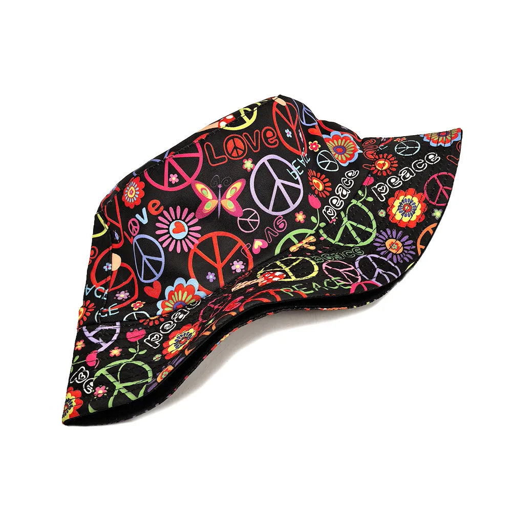 Love & Peace Hippie Black Reversible Bucket Hat