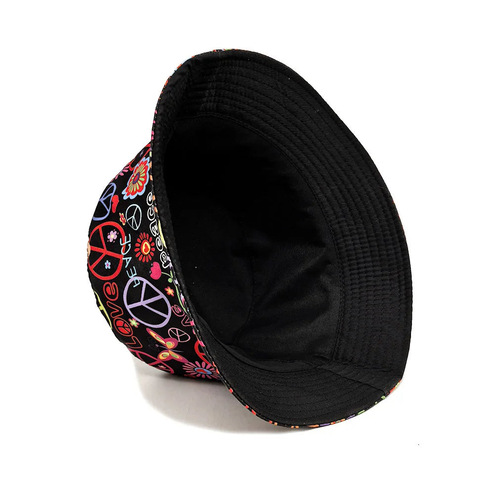 Love & Peace Hippie Black Reversible Bucket Hat