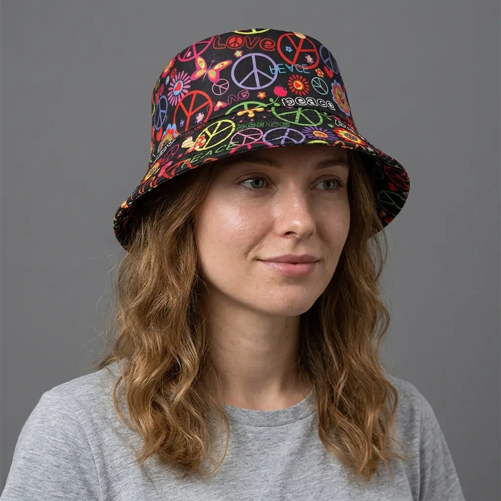 Love & Peace Hippie Black Reversible Bucket Hat
