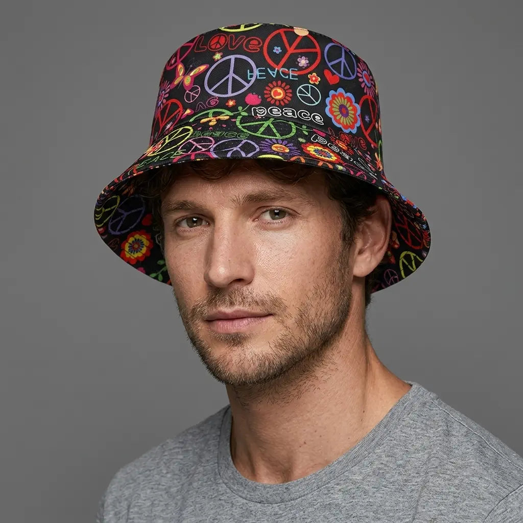 Love & Peace Hippie Black Reversible Bucket Hat