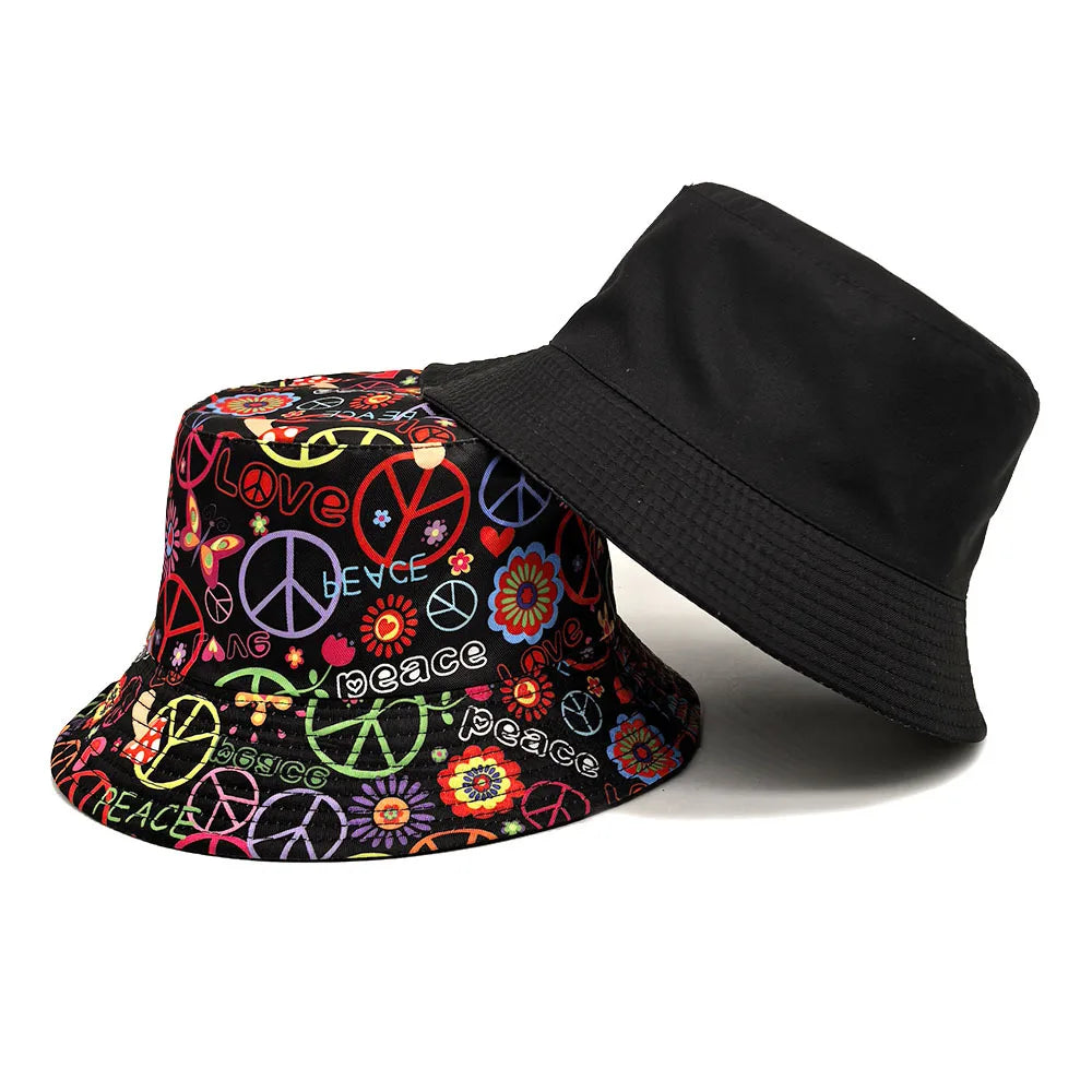 Love & Peace Hippie Black Reversible Bucket Hat