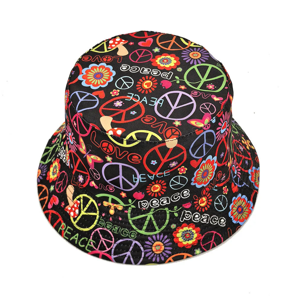 Love & Peace Hippie Black Reversible Bucket Hat