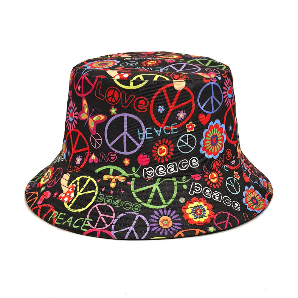 Love & Peace Hippie Black Reversible Bucket Hat