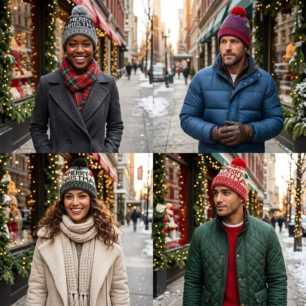 Merry Christmas Winter Knitted Pom Pom Beanie