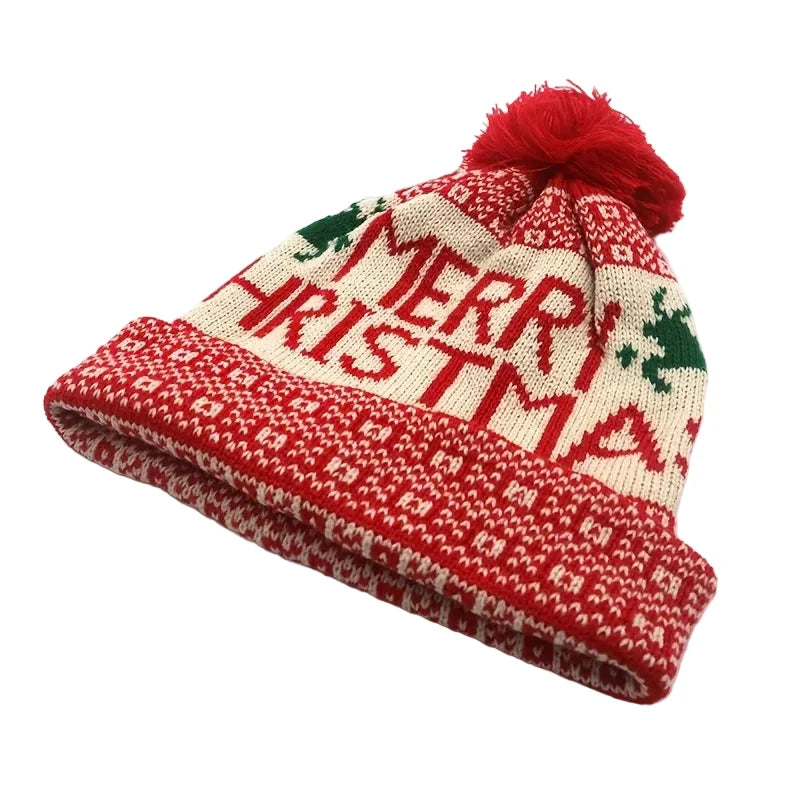 Merry Christmas Winter Knitted Pom Pom Beanie