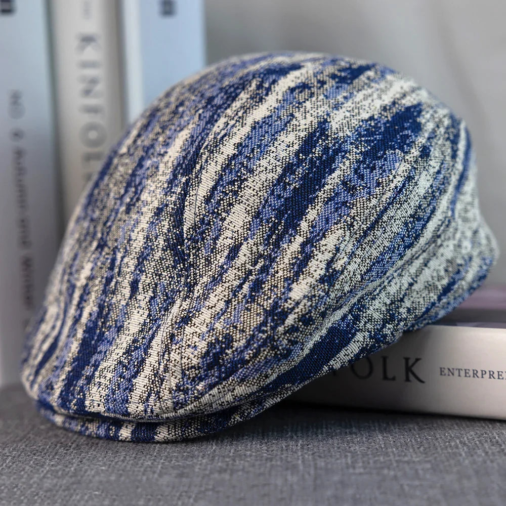 Monaitte Blue & White Striped Linen Flat Cap