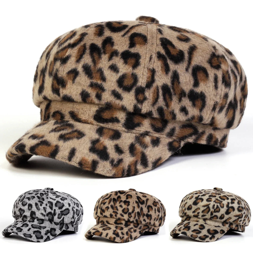 Mumford Women Leopard Print Plush Newsboy Cap