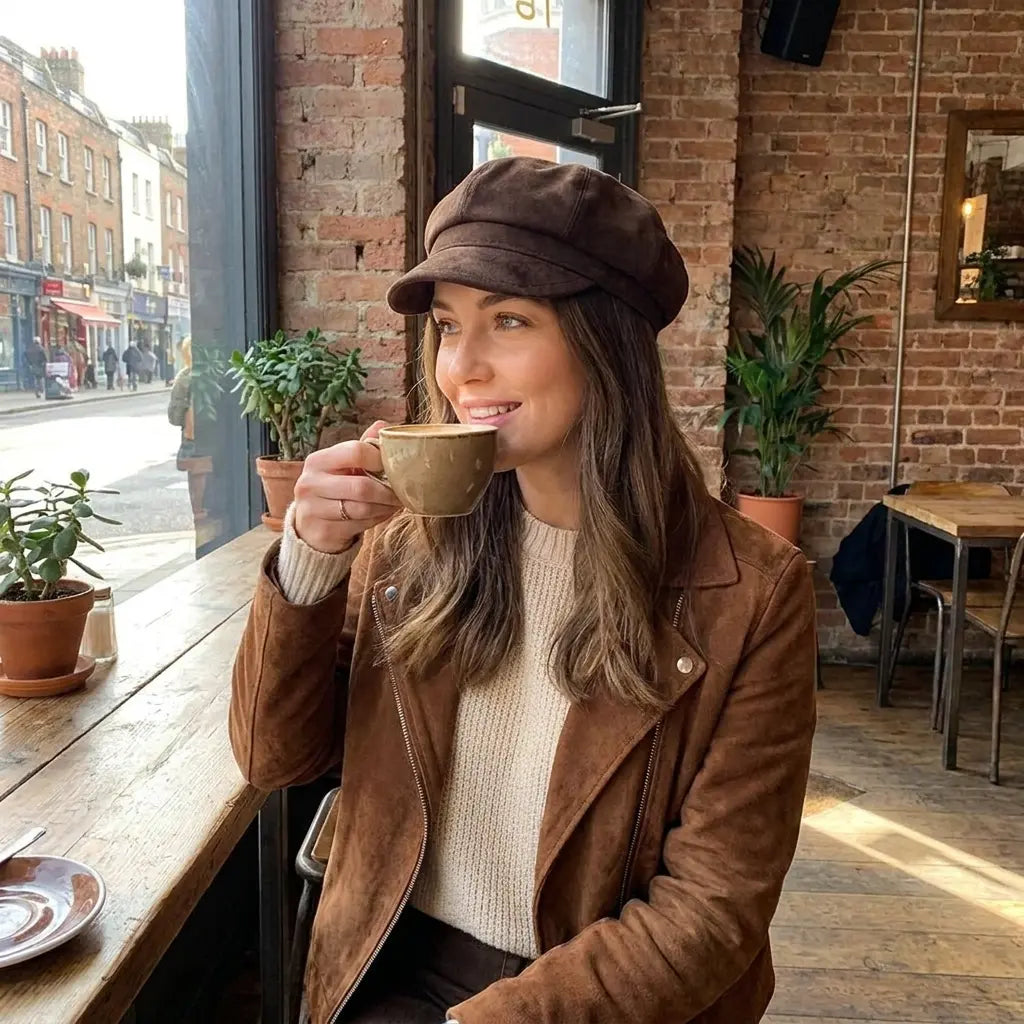 Nantes Women Genuine Leather Suede Newsboy Cap