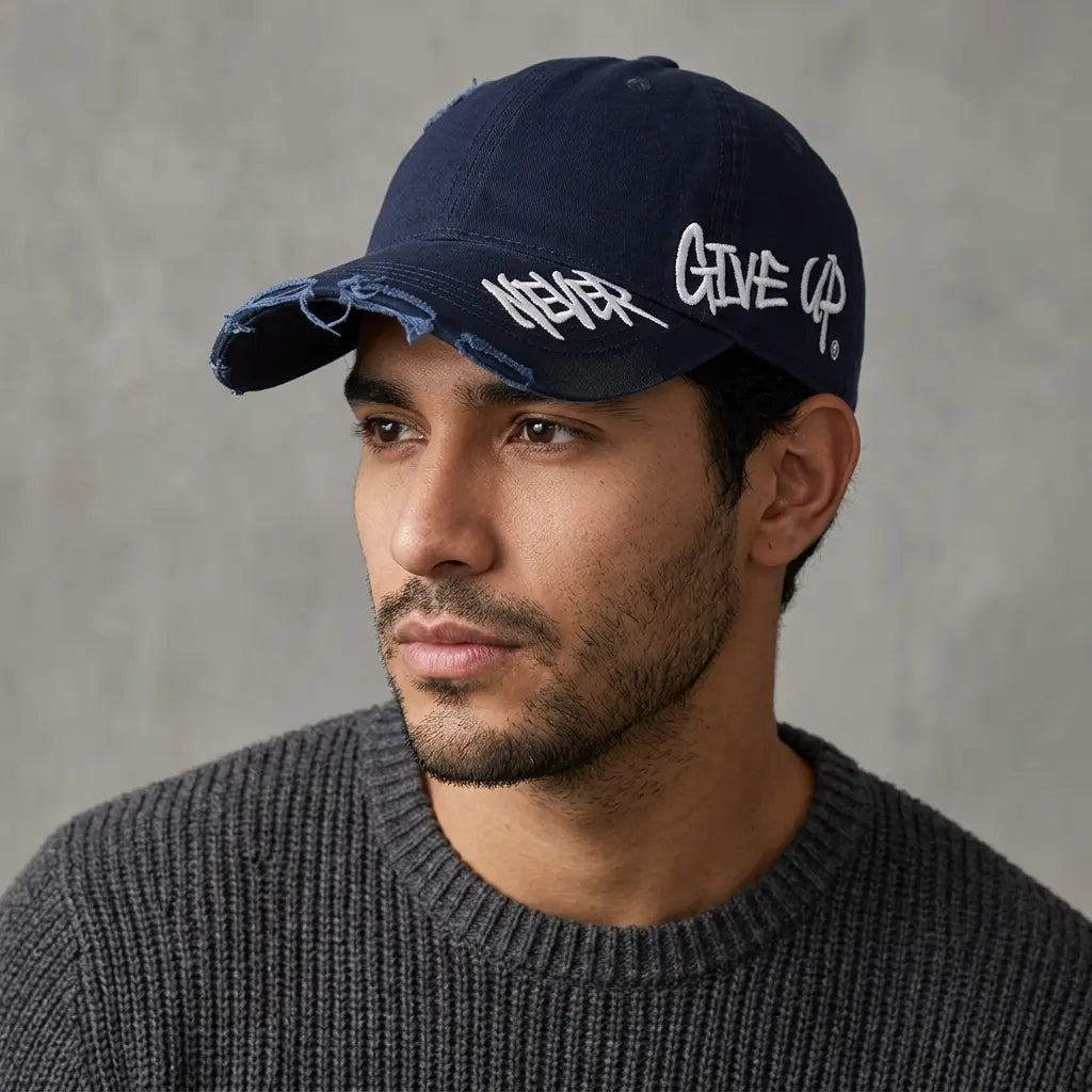 Never Give Up Scratched Baseball Cap