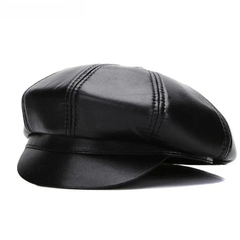 New Jersey Women Black Genuine Leather Newsboy Cap