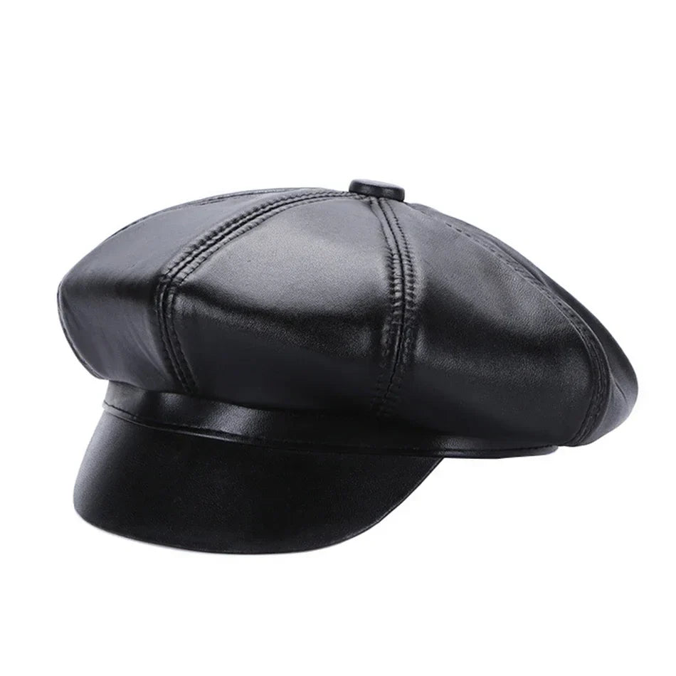 New Jersey Women Black Genuine Leather Newsboy Cap