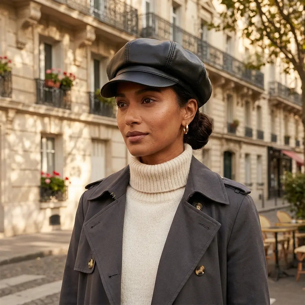 New Jersey Women Black Genuine Leather Newsboy Cap