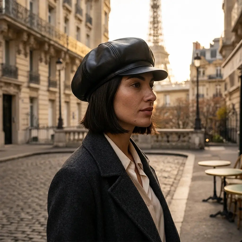 New Jersey Women Black Genuine Leather Newsboy Cap