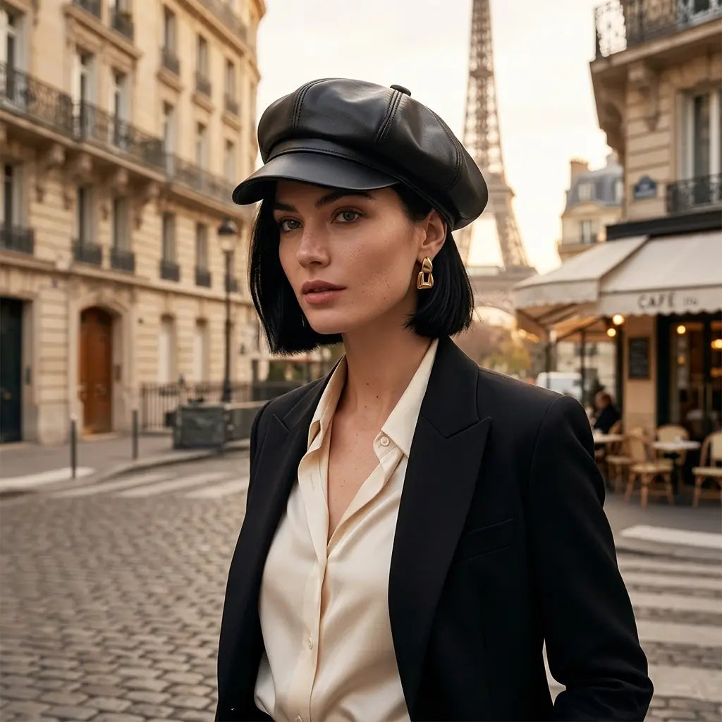 New Jersey Women Black Genuine Leather Newsboy Cap
