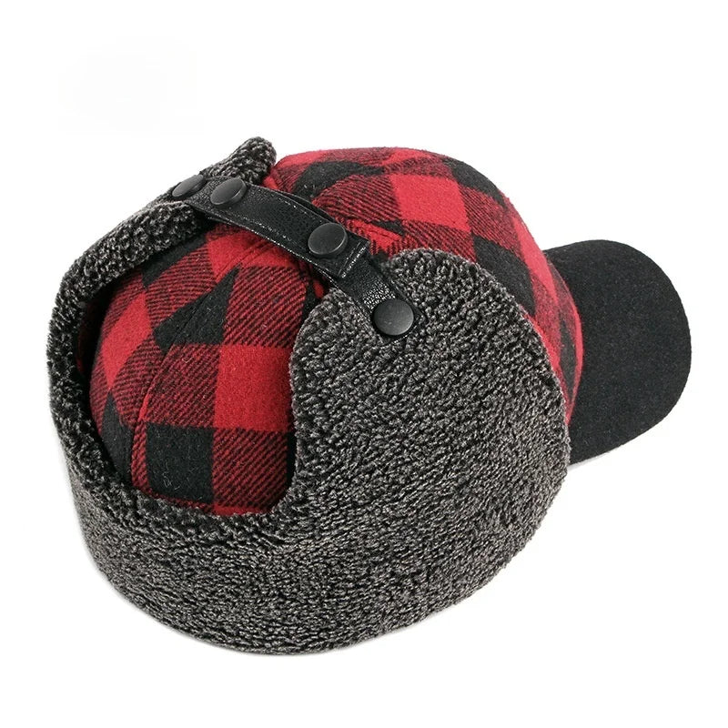 North Yankton Winter Fur Red Plaid Earflaps Baseball Cap