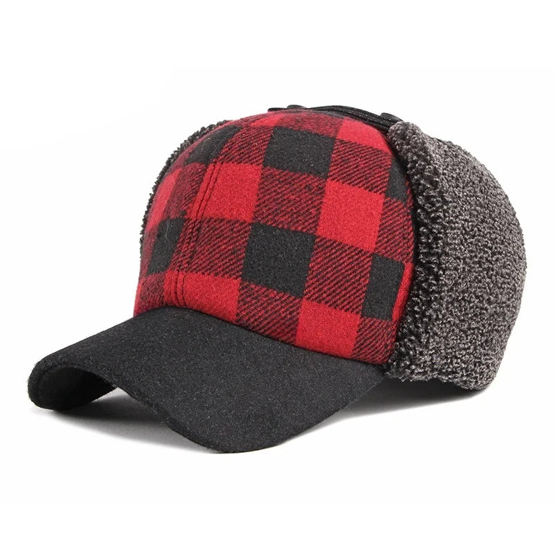 North Yankton Winter Fur Red Plaid Earflaps Baseball Cap
