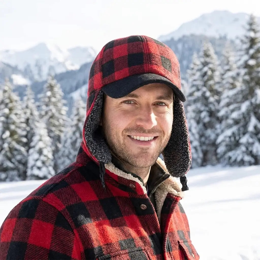 North Yankton Winter Fur Red Plaid Earflaps Baseball Cap