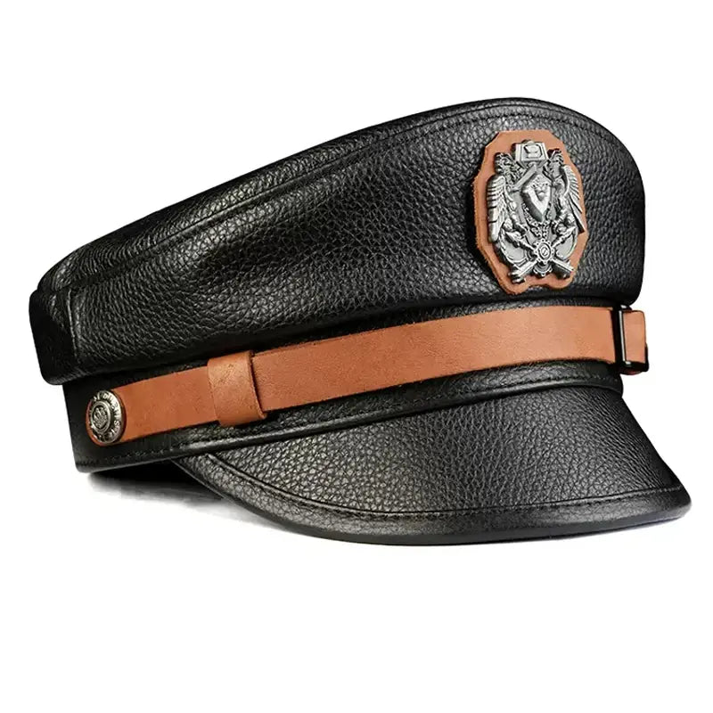 Orson Black Genuine Leather Military Cap
