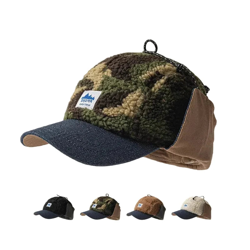 PP One Winter Wool Fur Earflaps Baseball Cap
