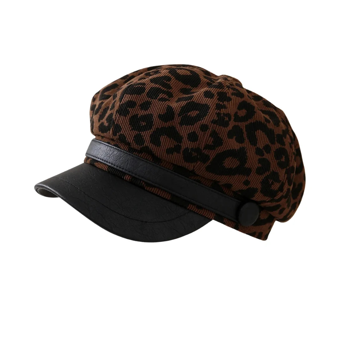 Paris Women Leopard Print Leather Newsboy Cap