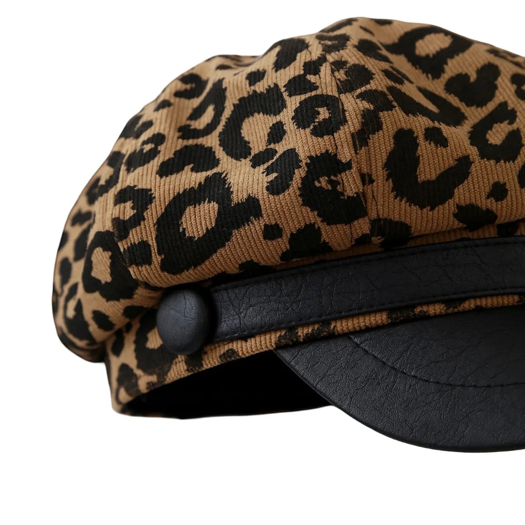 Paris Women Leopard Print Leather Newsboy Cap