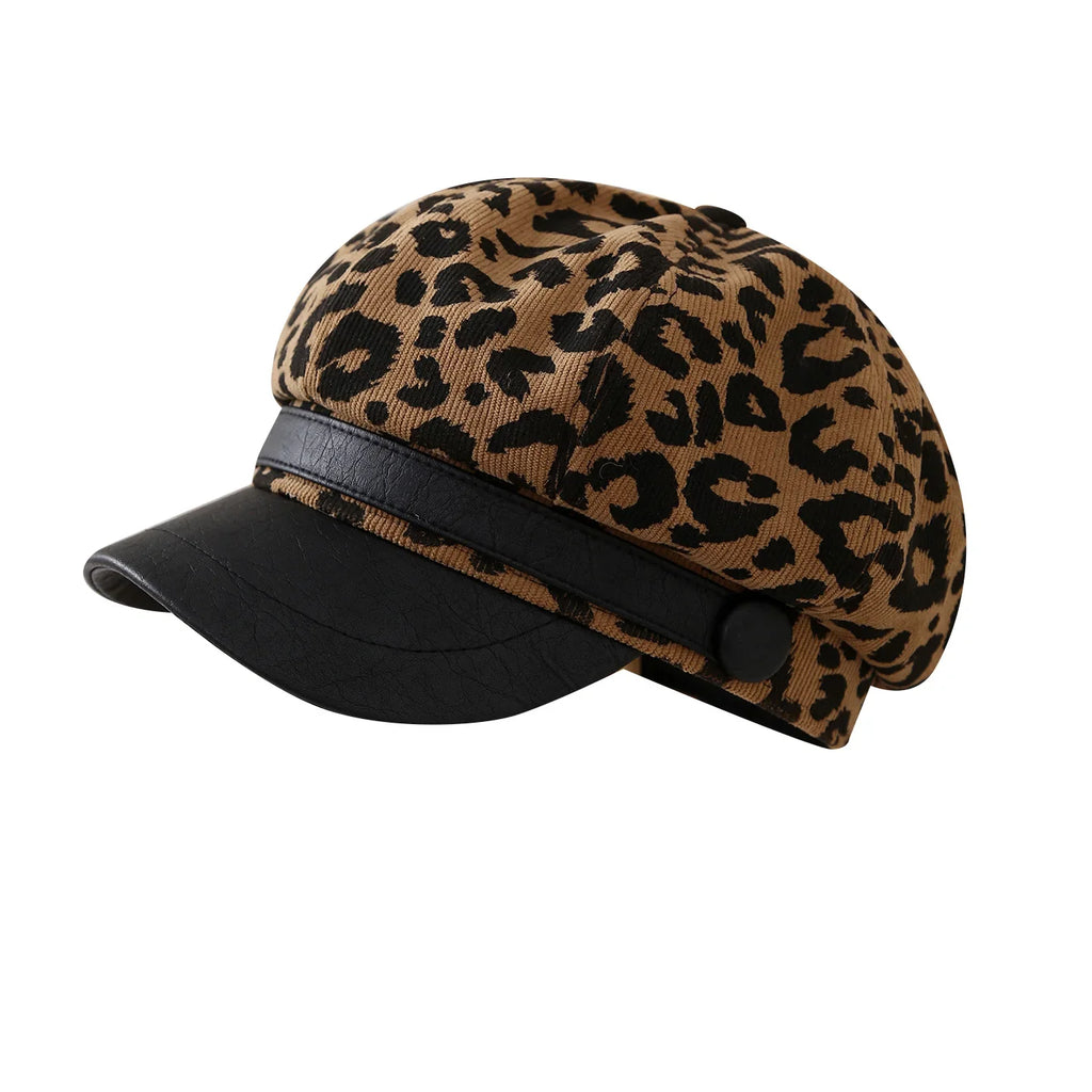 Paris Women Leopard Print Leather Newsboy Cap