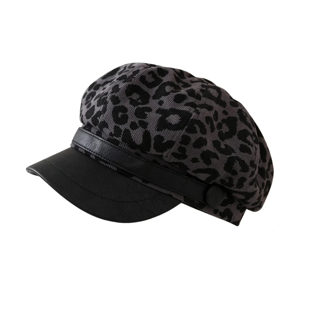 Paris Women Leopard Print Leather Newsboy Cap