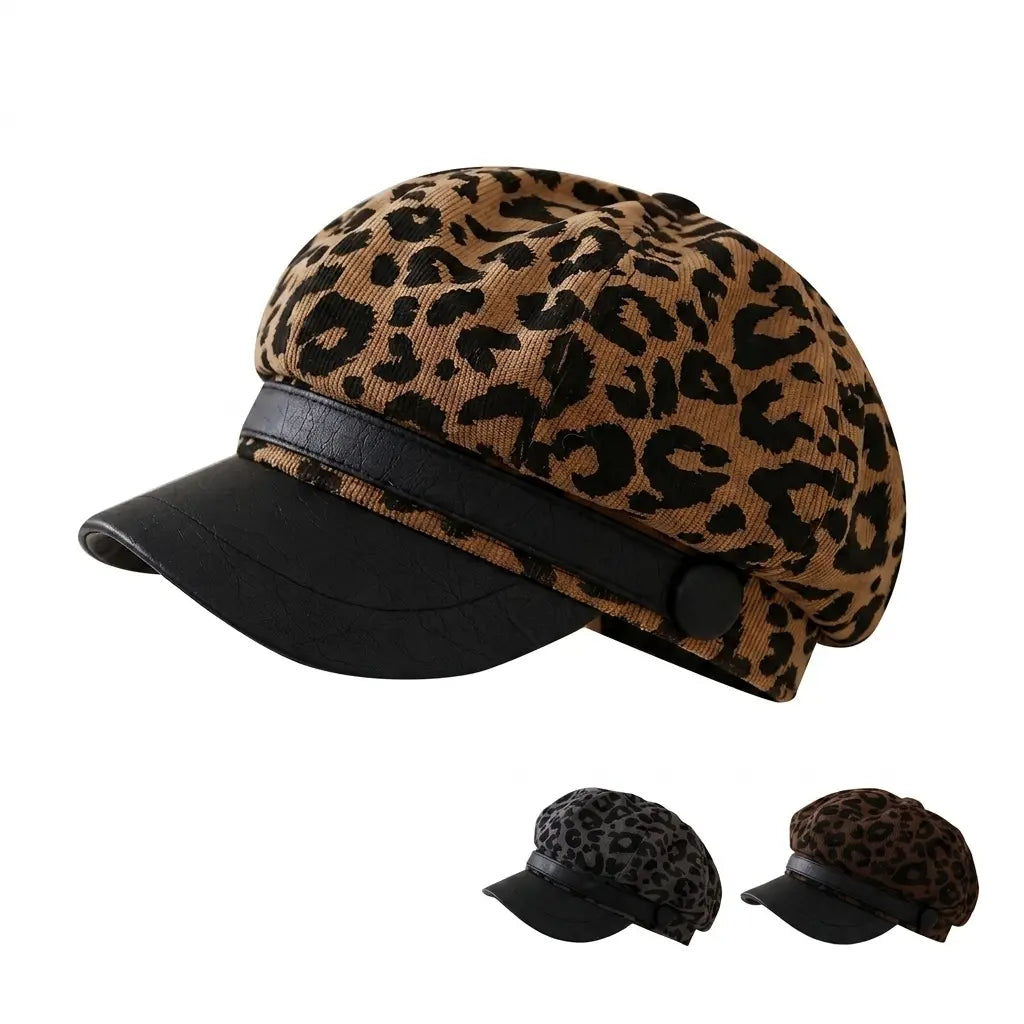 Paris Women Leopard Print Leather Newsboy Cap
