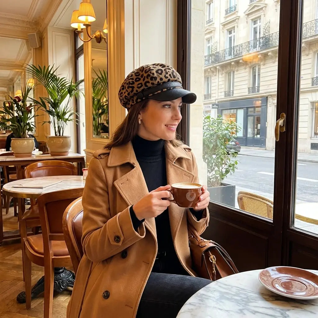 Paris Women Leopard Print Leather Newsboy Cap