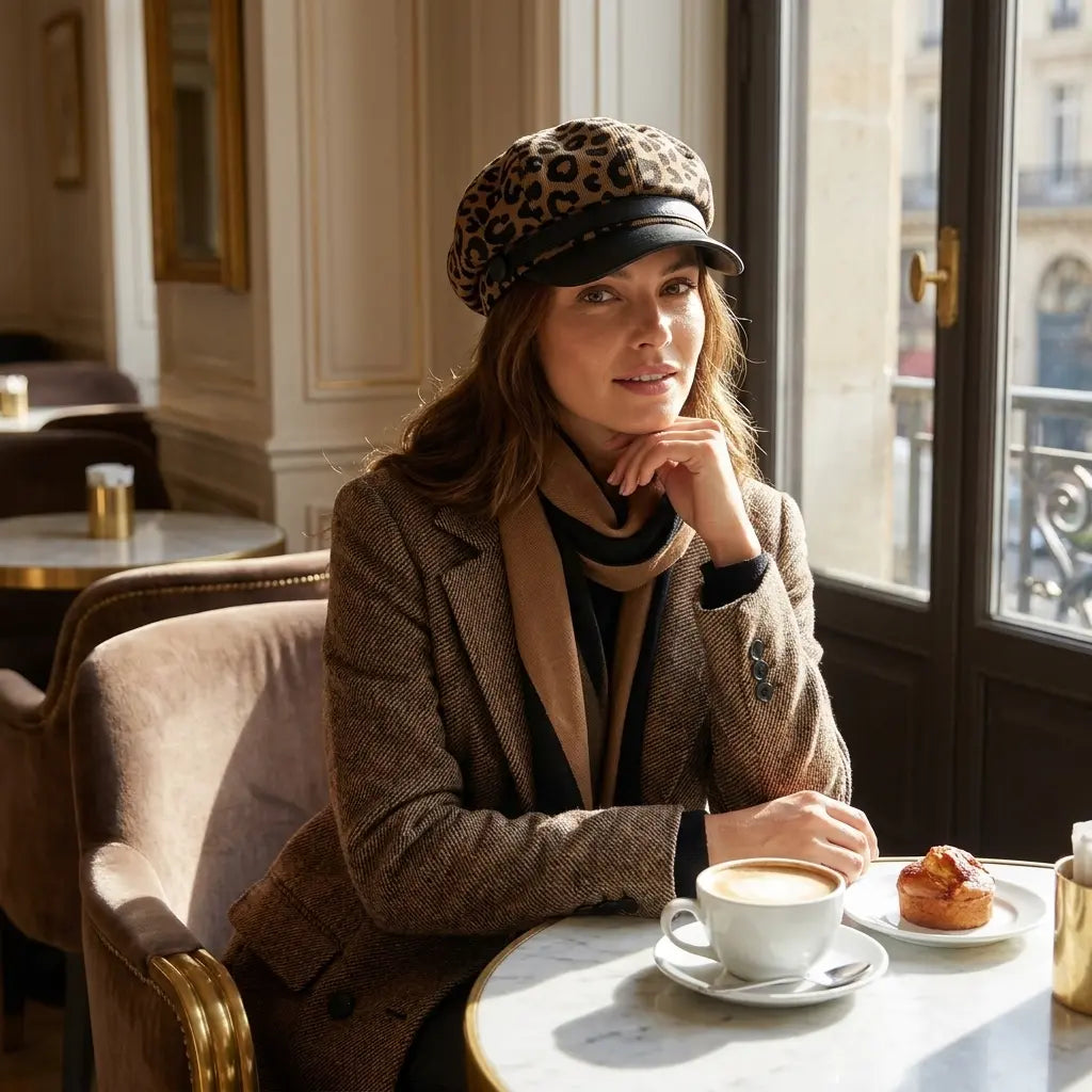 Paris Women Leopard Print Leather Newsboy Cap