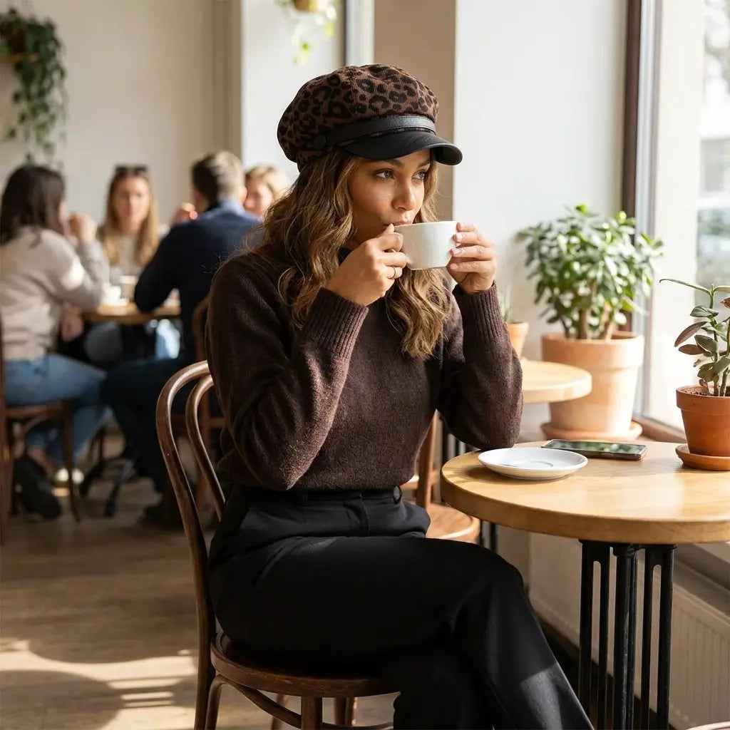 Paris Women Leopard Print Leather Newsboy Cap