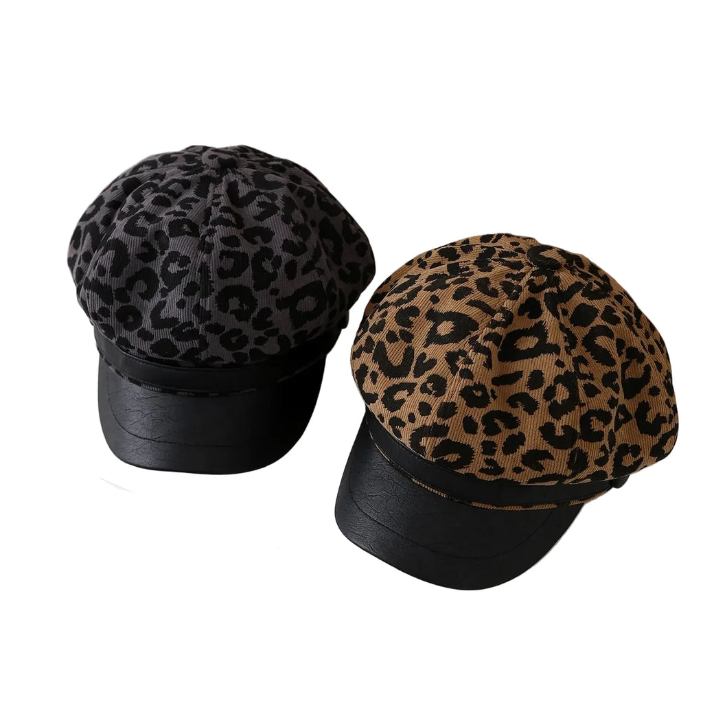 Paris Women Leopard Print Leather Newsboy Cap