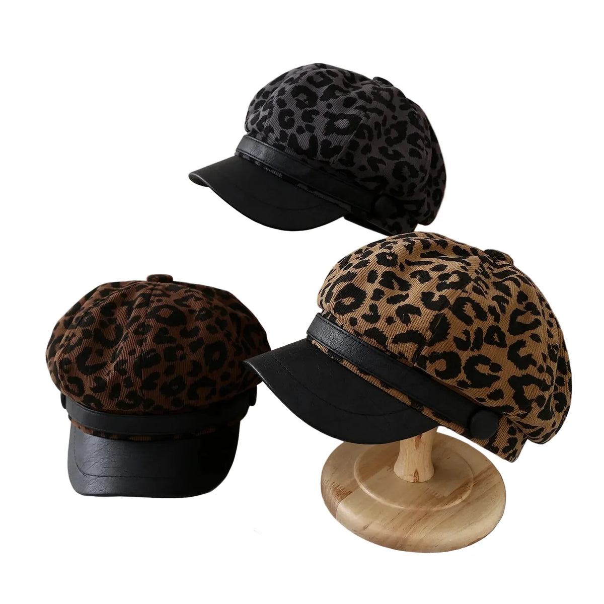 Paris Women Leopard Print Leather Newsboy Cap