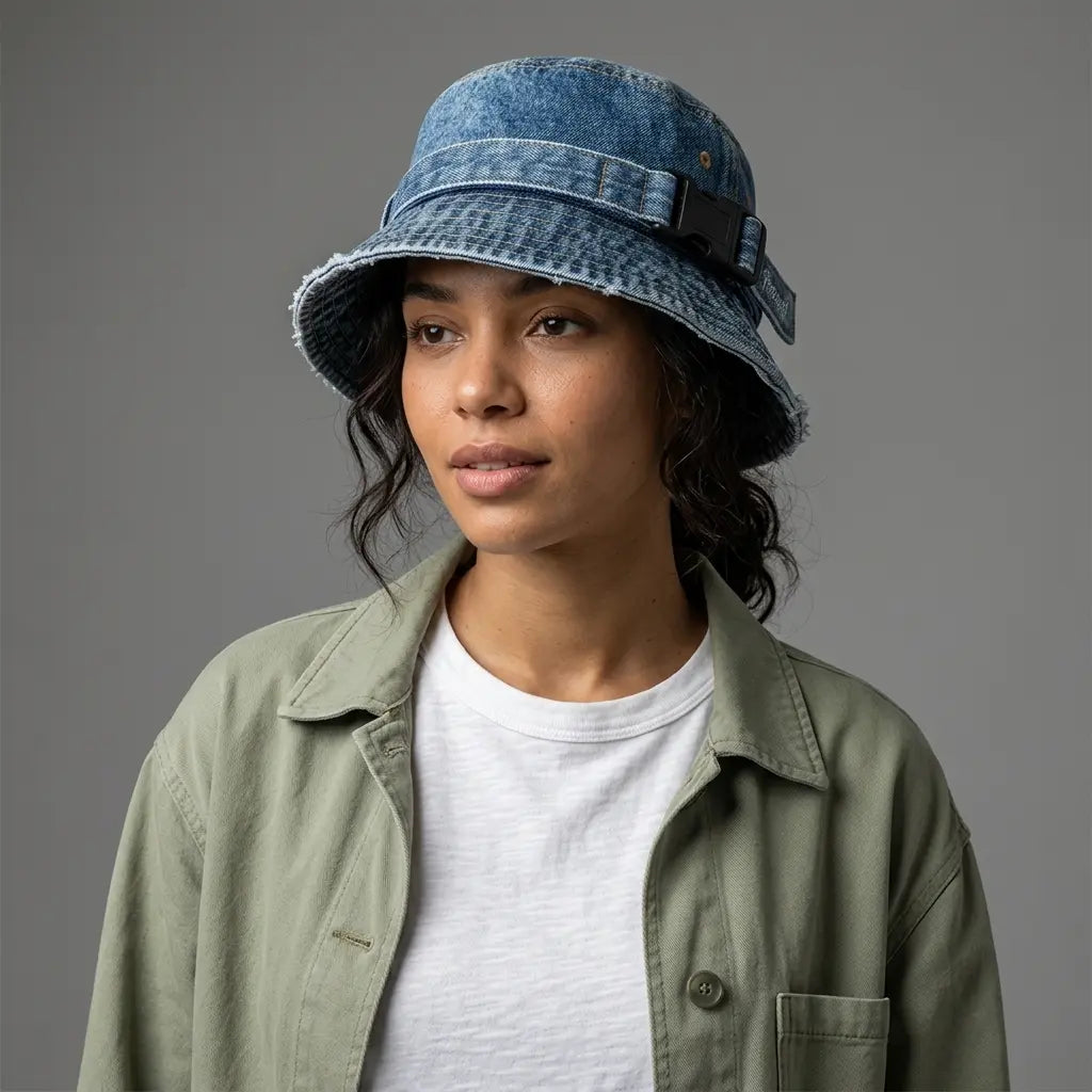 Peach Go Adjustable Belt Denim Bucket Hat