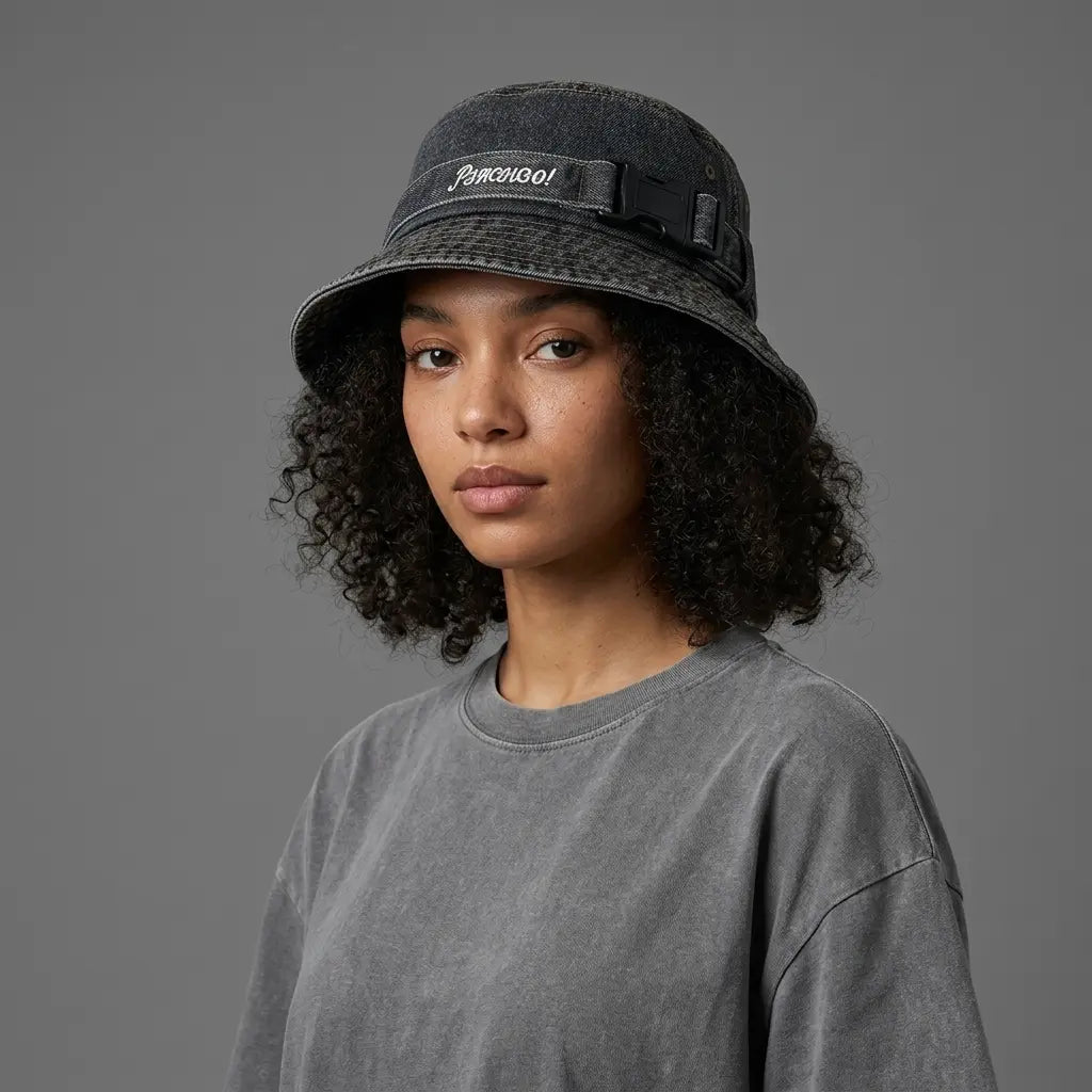 Peach Go Adjustable Belt Denim Bucket Hat