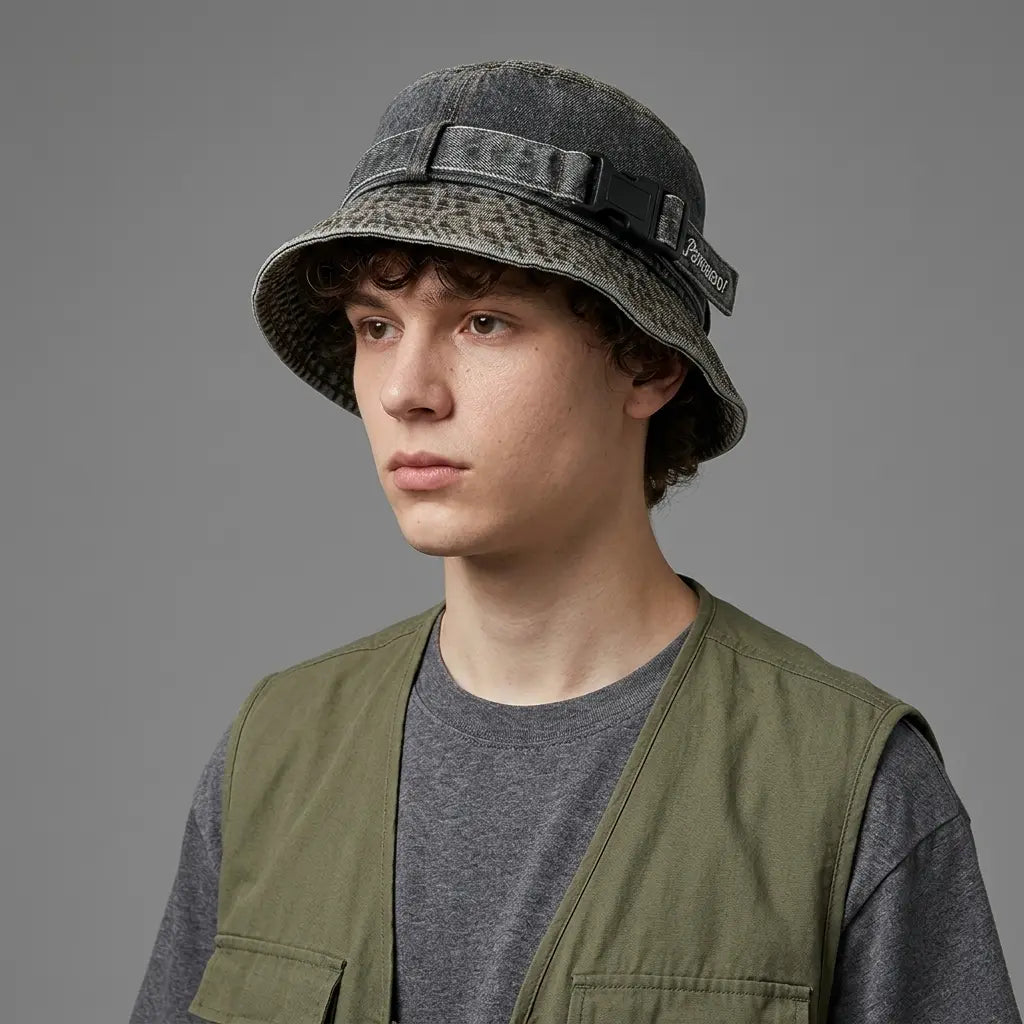 Peach Go Adjustable Belt Denim Bucket Hat