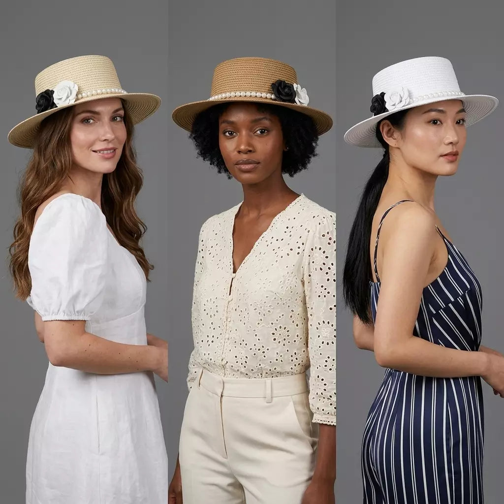 Pearls & Roses Women Summer Raffia Boater Hat