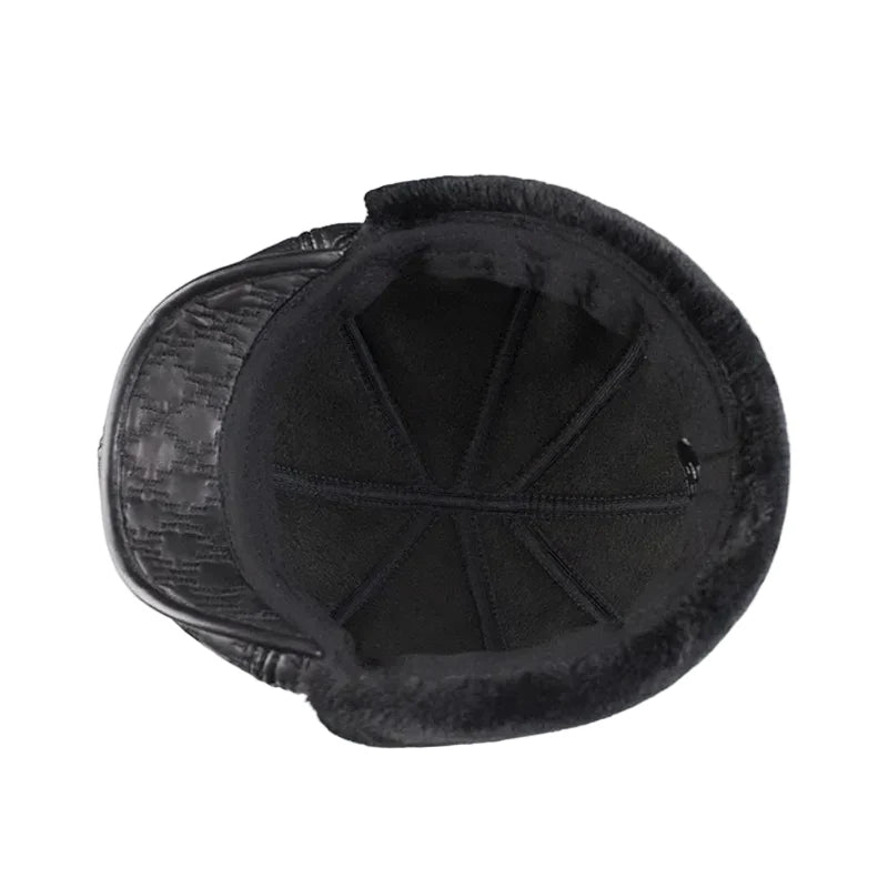 Pickford Black Genuine Leather Rhombuses Earflaps Flat Cap