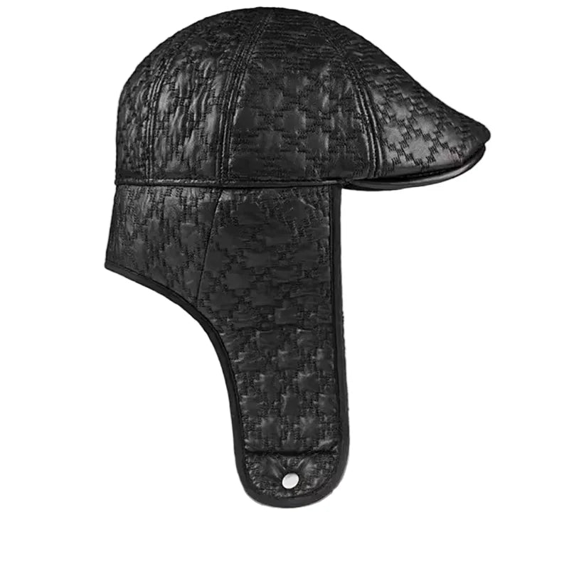 Pickford Black Genuine Leather Rhombuses Earflaps Flat Cap