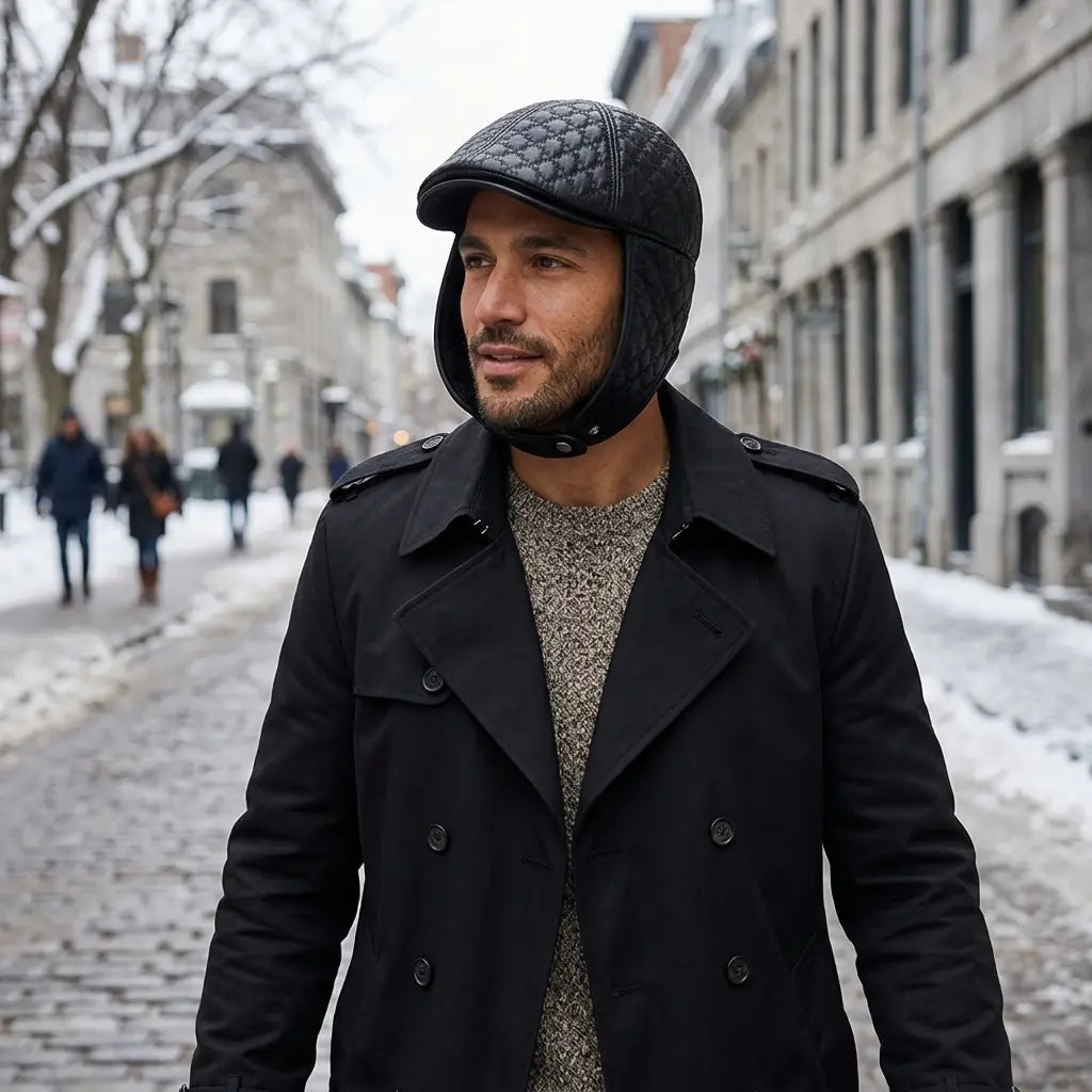 Pickford Black Genuine Leather Rhombuses Earflaps Flat Cap