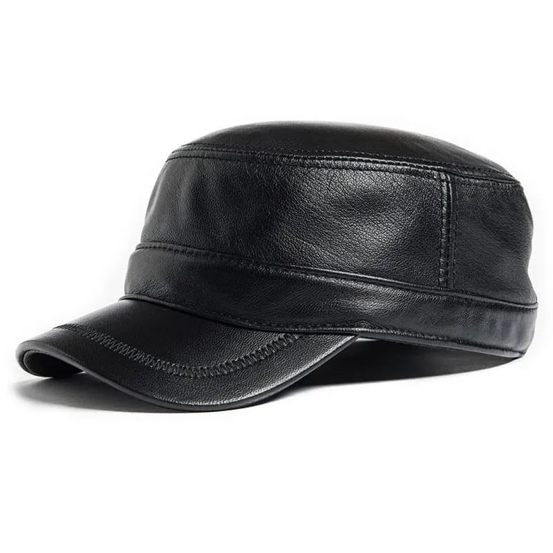 Plain Genuine Cowhide Leather Army Cap