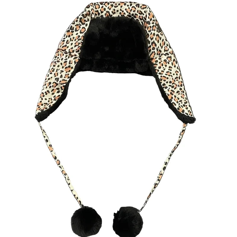 Pom Poms Women Winter Leopard Print Bomber Hat