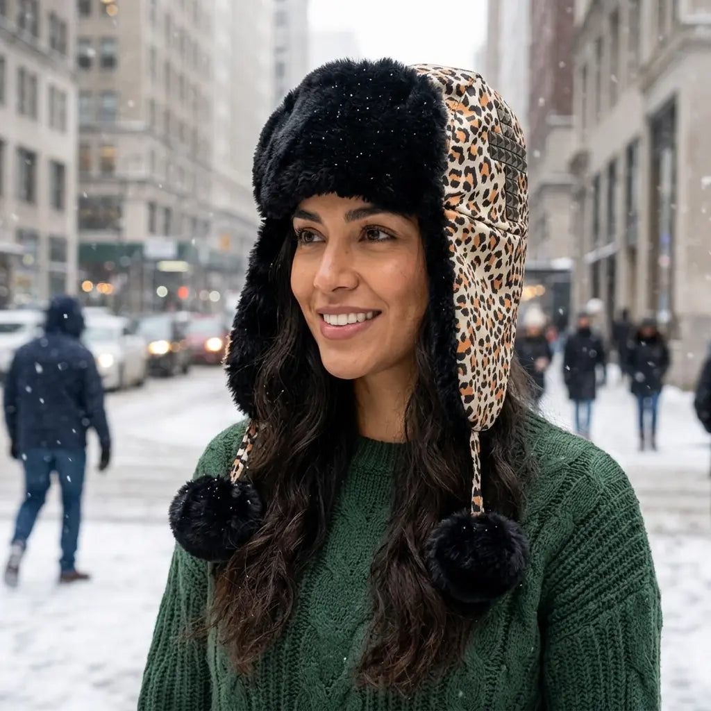 Pom Poms Women Winter Leopard Print Bomber Hat