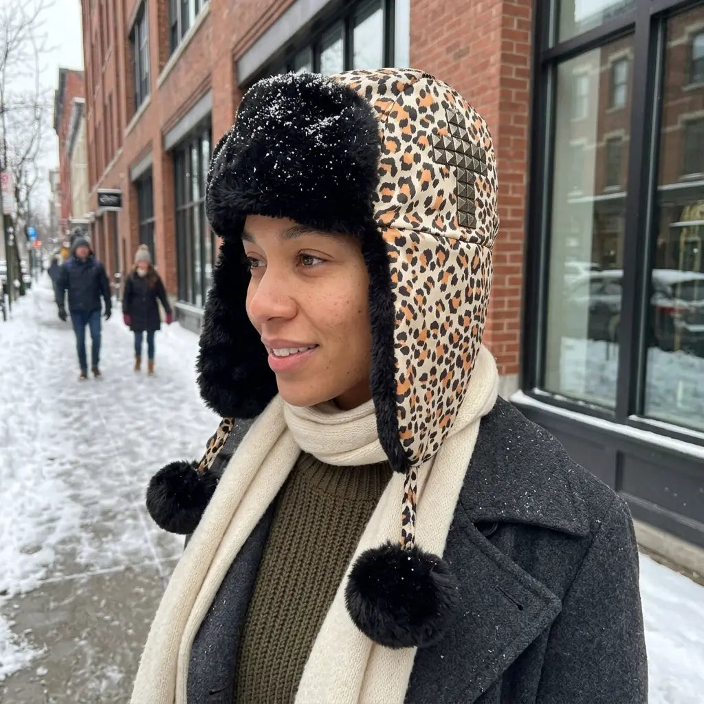 Pom Poms Women Winter Leopard Print Bomber Hat